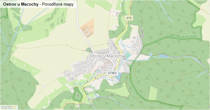 Ostrov u Macochy - záplavové mapy stoleté vody
