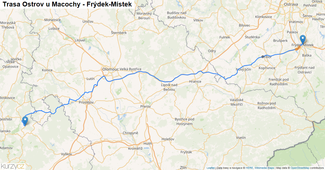 Ostrov u Macochy-Frýdek-Místek, mapa trasy