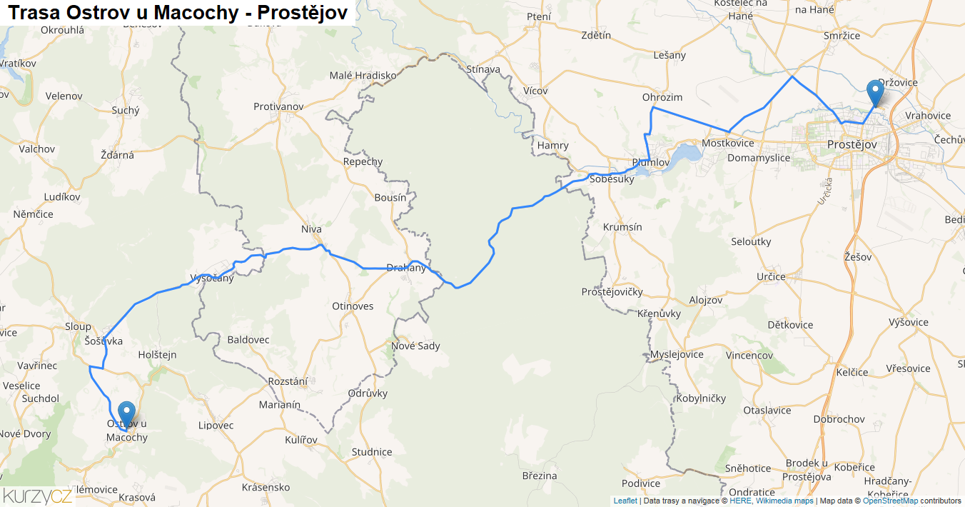 Ostrov u Macochy-Prostějov, mapa trasy