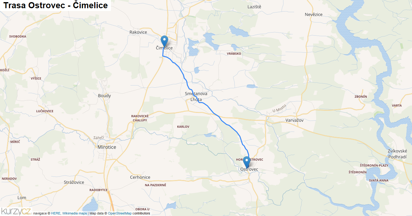 Ostrovec-Čimelice, mapa trasy
