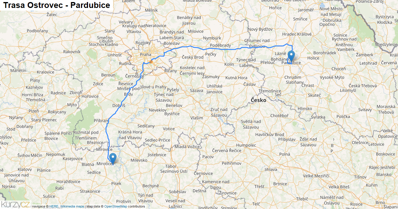 Ostrovec-Pardubice, mapa trasy