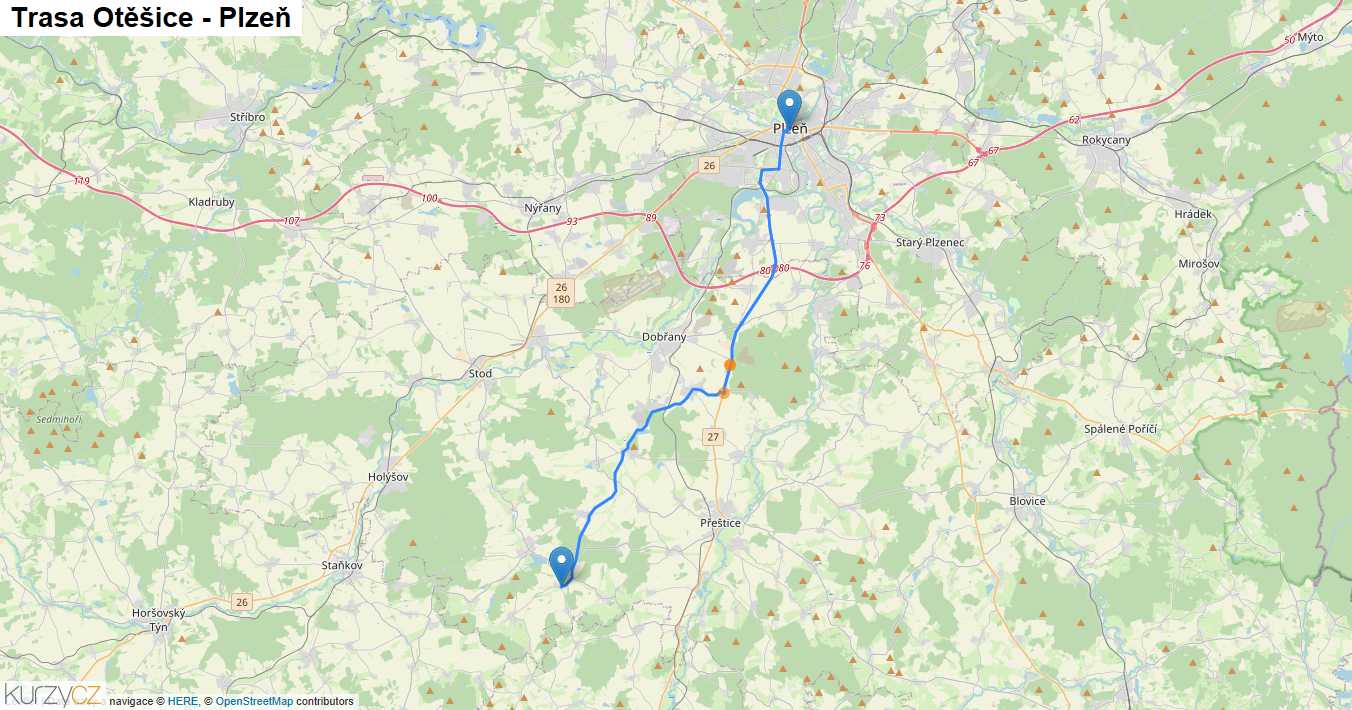 Otěšice-Plzeň, mapa trasy