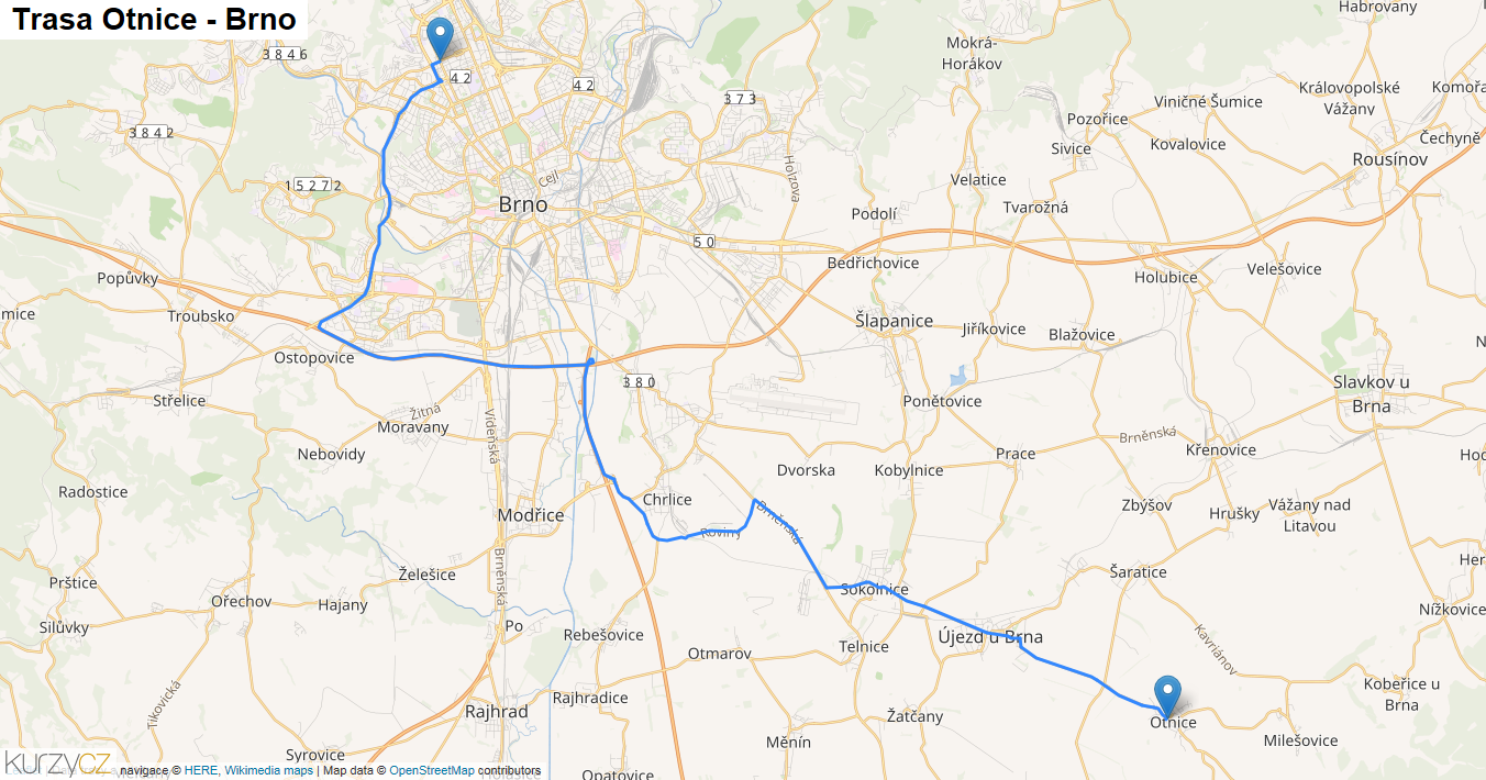 Otnice-Brno, mapa trasy