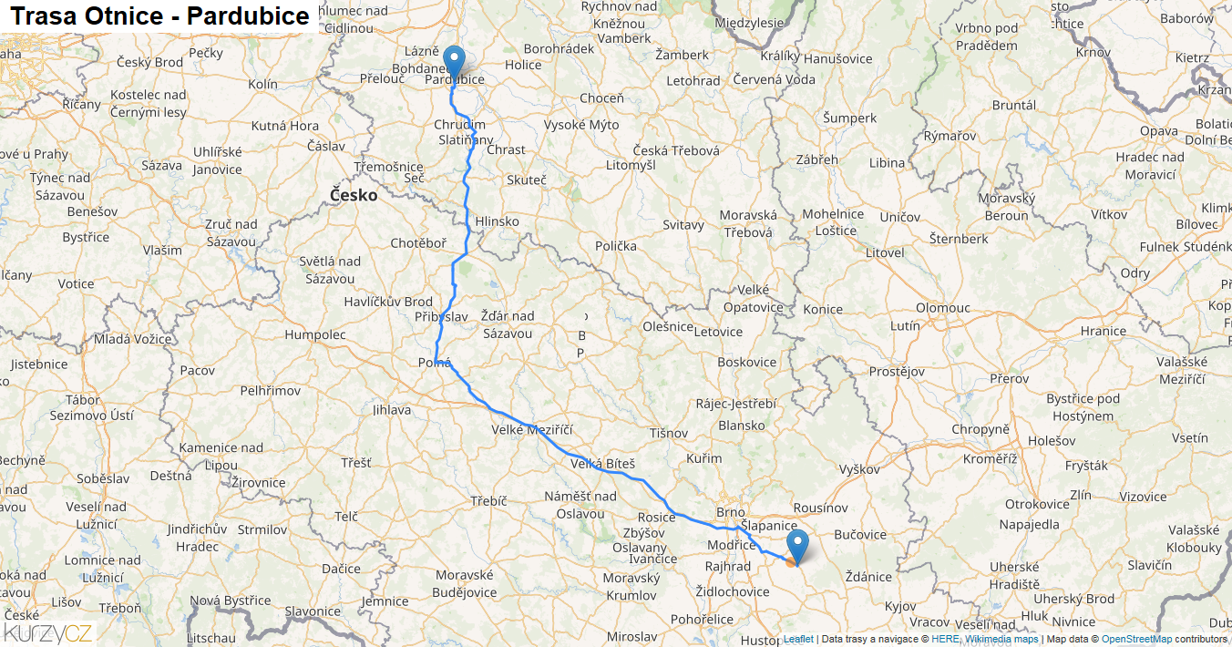 Otnice-Pardubice, mapa trasy