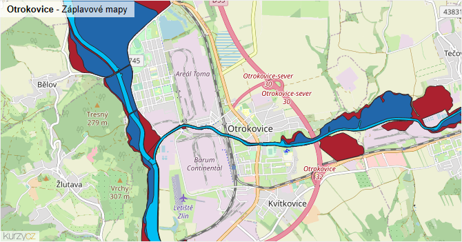Otrokovice - záplavové mapy stoleté vody