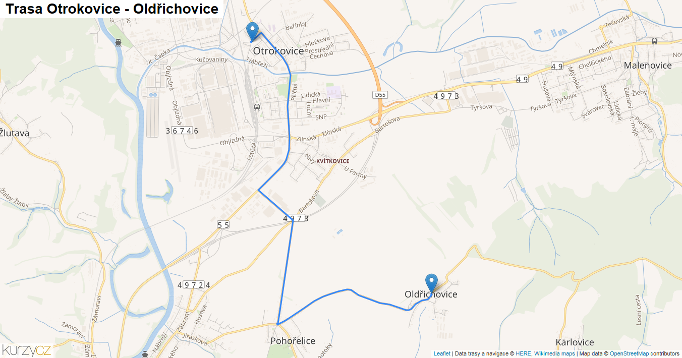 Otrokovice-Oldřichovice, mapa trasy
