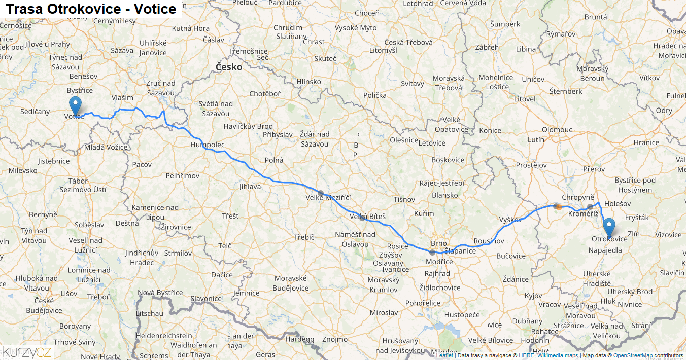 Otrokovice-Votice, mapa trasy