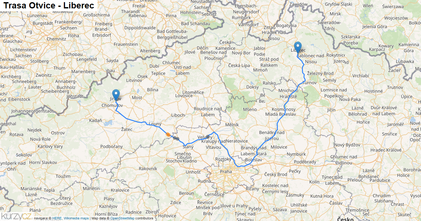 Otvice-Liberec, mapa trasy