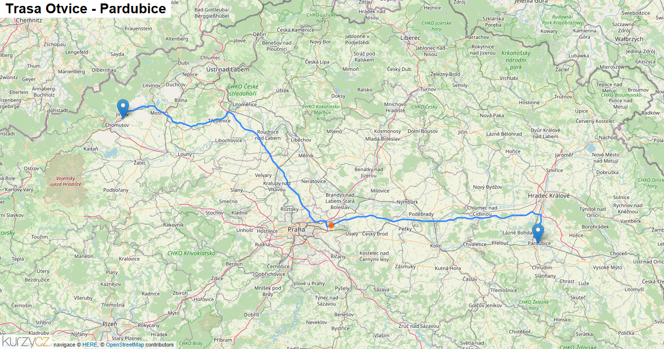 Otvice-Pardubice, mapa trasy