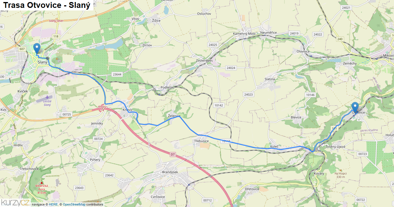 Otvovice-Slaný, mapa trasy