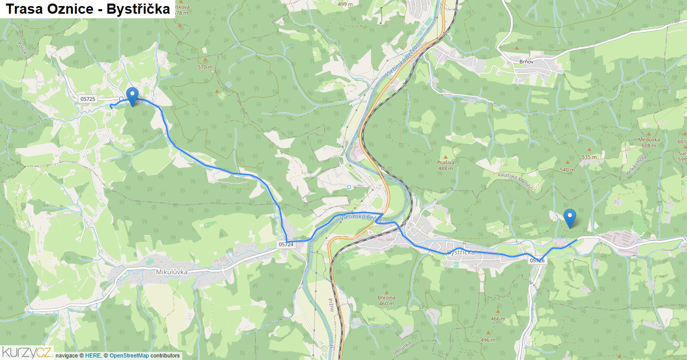 Oznice-Bystřička, mapa trasy