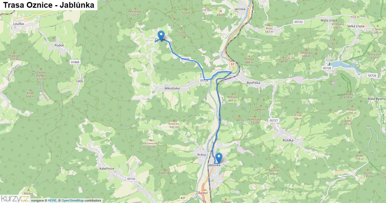 Oznice-Jablůnka, mapa trasy
