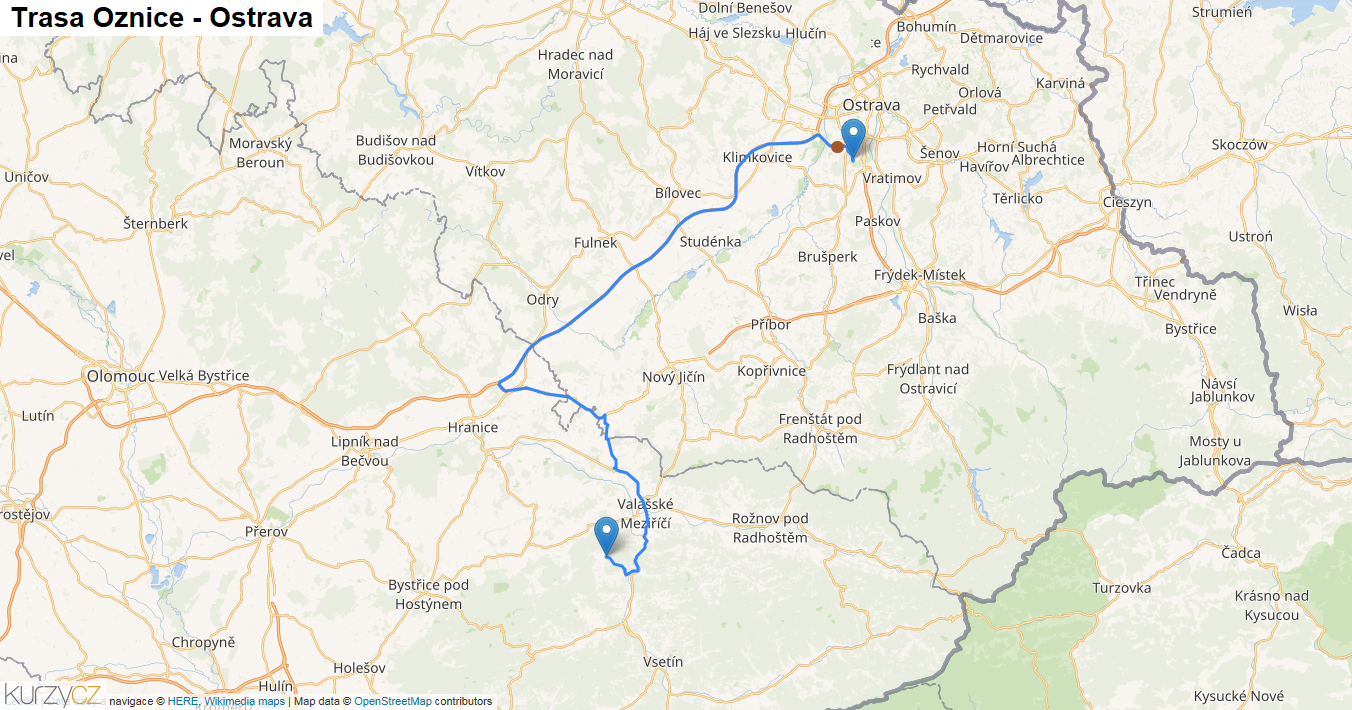 Oznice-Ostrava, mapa trasy