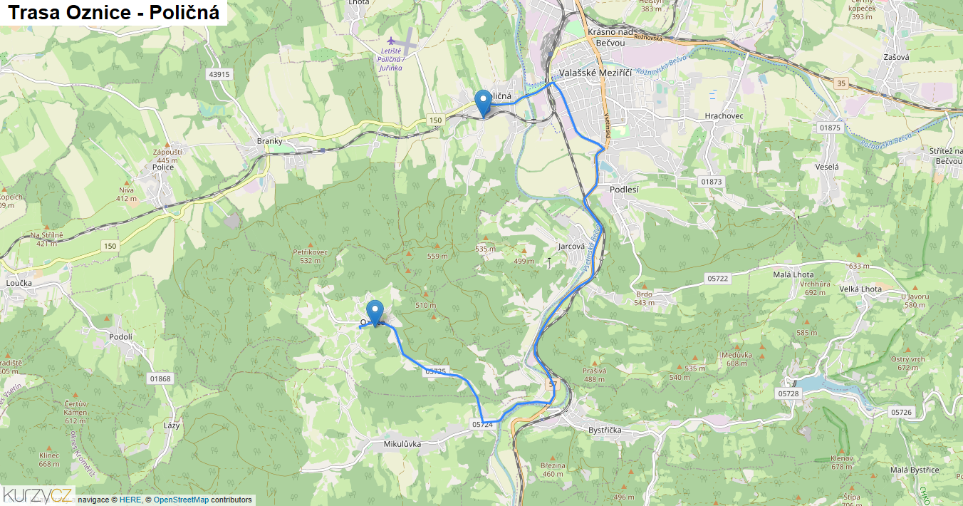 Oznice-Poličná, mapa trasy