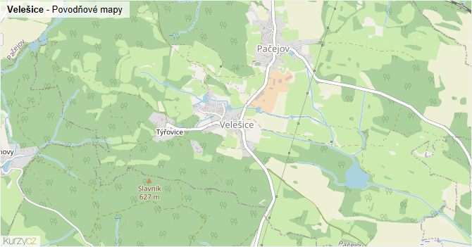 Velešice - záplavové mapy stoleté vody