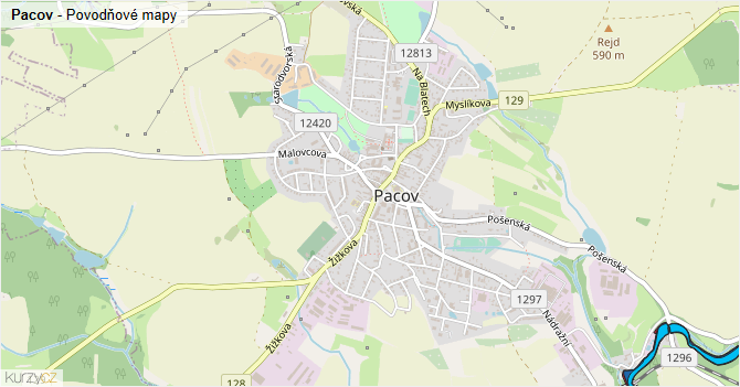 Pacov - záplavové mapy stoleté vody