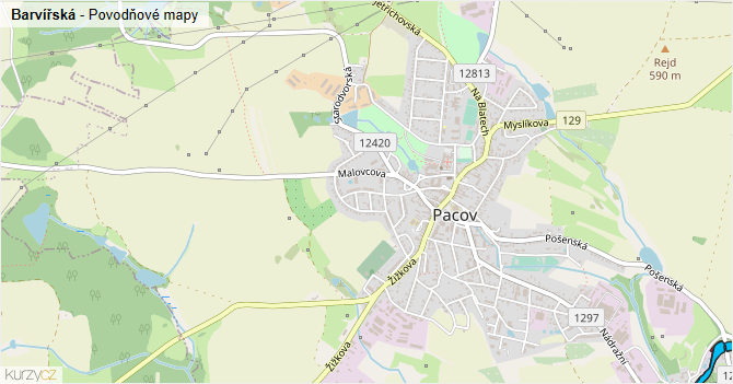 Barvířská - záplavové mapy stoleté vody