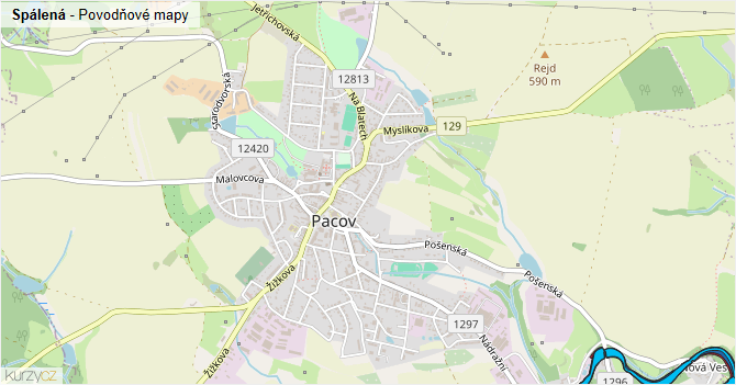 Spálená - záplavové mapy stoleté vody