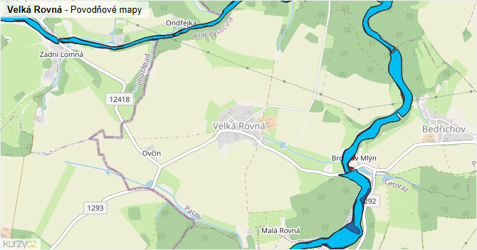 Velká Rovná - záplavové mapy stoleté vody