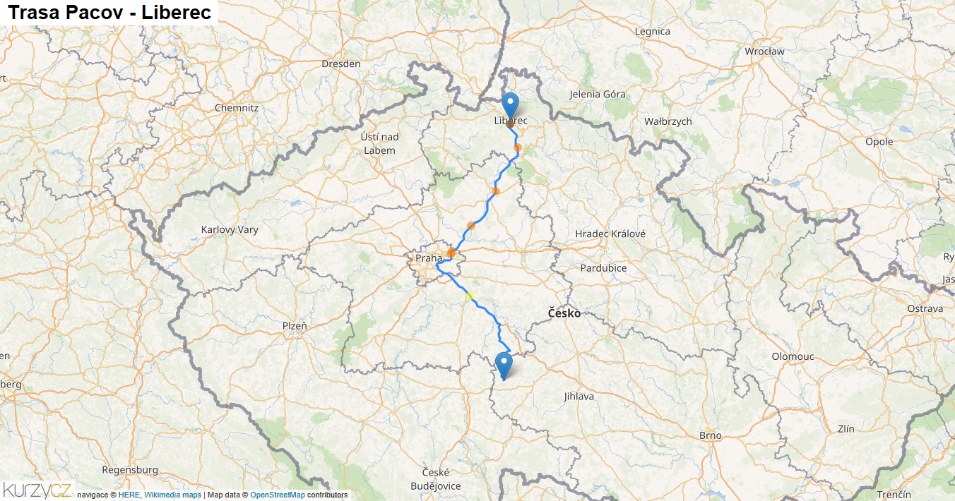 Pacov-Liberec, mapa trasy