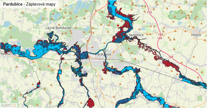 Pardubice - záplavové mapy stoleté vody