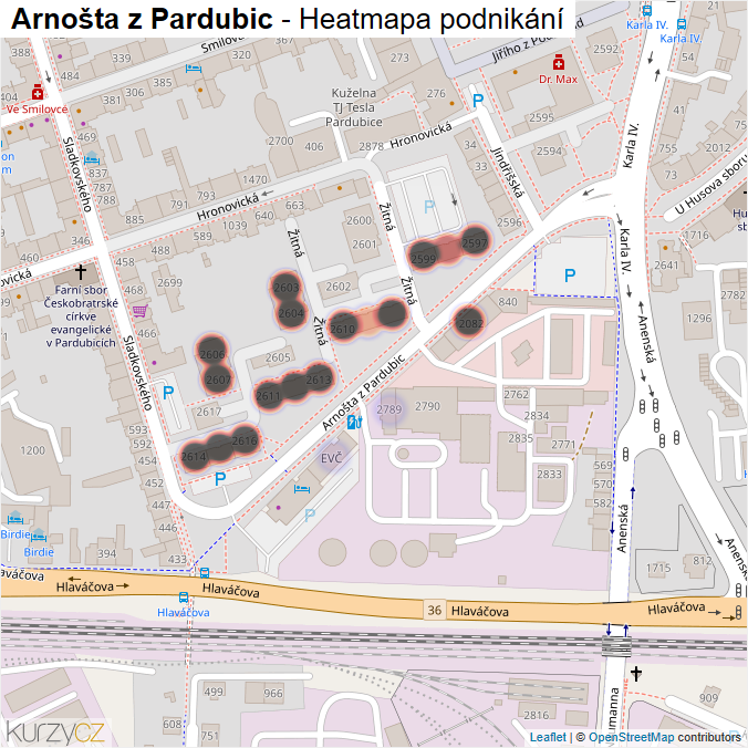 Mapa Arnošta z Pardubic - Firmy v ulici.