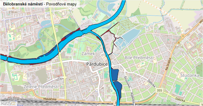 Bělobranské náměstí - záplavové mapy stoleté vody