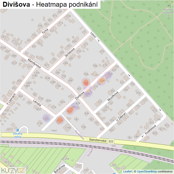 Mapa Divišova - Firmy v ulici.