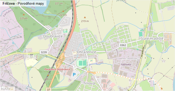 Fričova - záplavové mapy stoleté vody