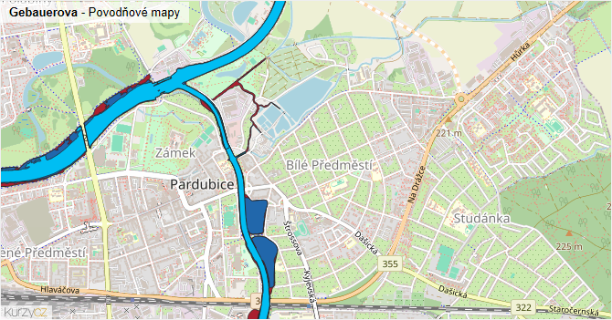 Gebauerova - záplavové mapy stoleté vody