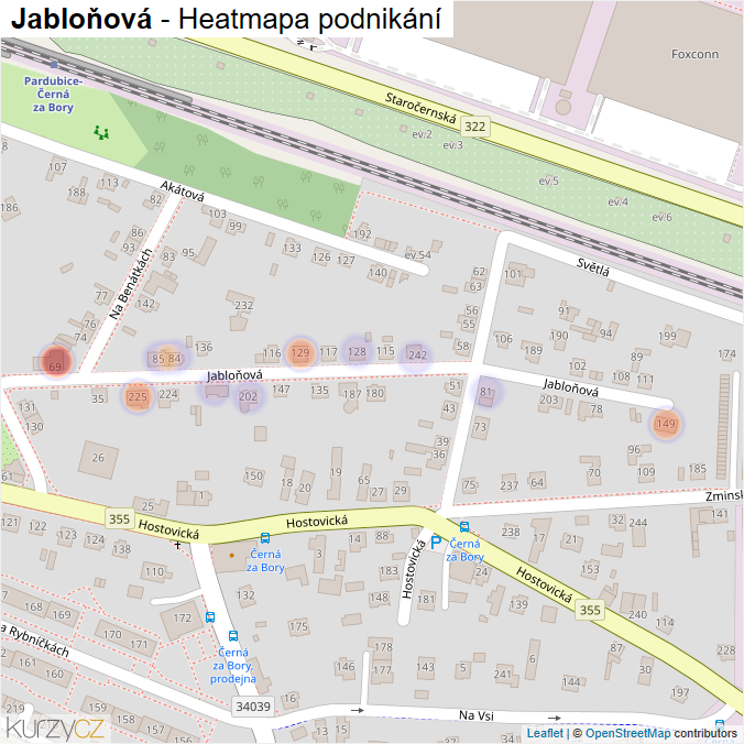 Mapa Jabloňová - Firmy v ulici.
