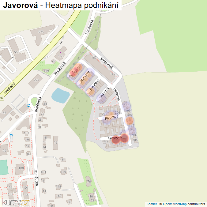 Mapa Javorová - Firmy v ulici.