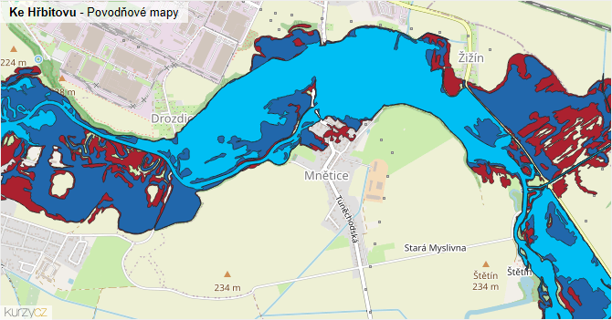 Ke Hřbitovu - záplavové mapy stoleté vody