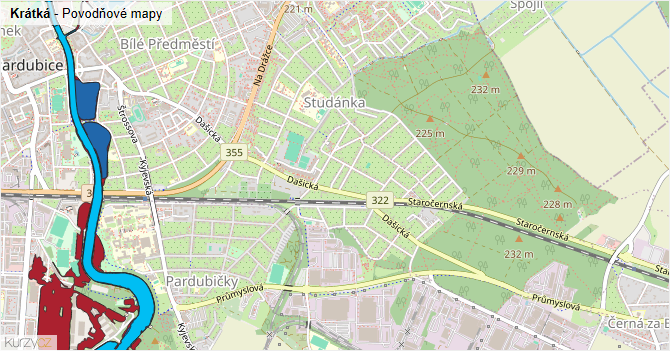Krátká - záplavové mapy stoleté vody