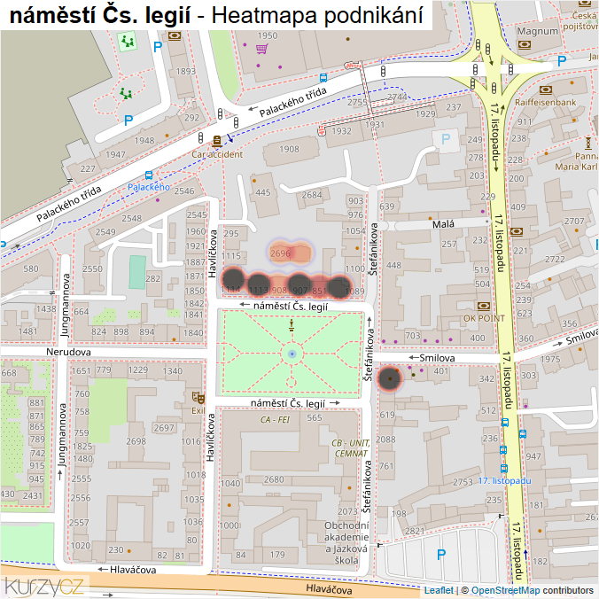 Mapa náměstí Čs. legií - Firmy v ulici.