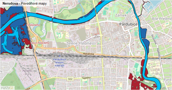 Nerudova - záplavové mapy stoleté vody