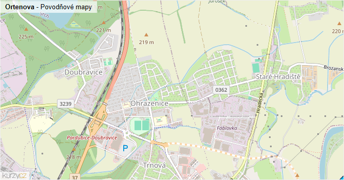 Ortenova - záplavové mapy stoleté vody