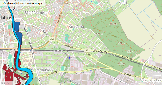 Raabova - záplavové mapy stoleté vody