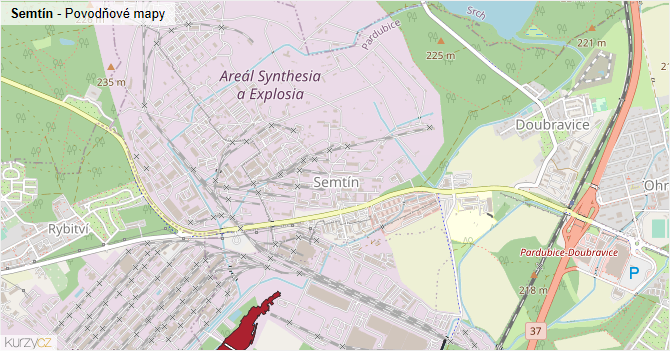 Semtín - záplavové mapy stoleté vody