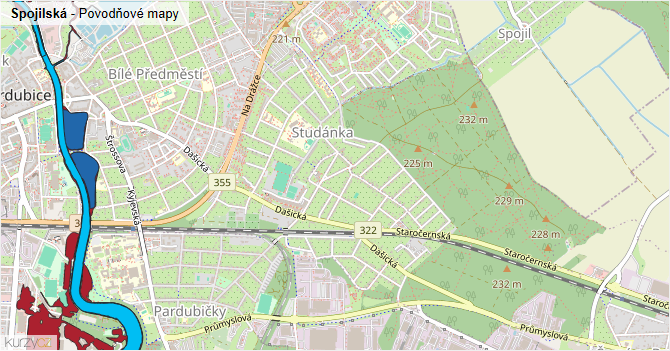Spojilská - záplavové mapy stoleté vody