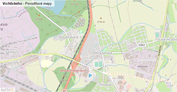 Vrchlického - záplavové mapy stoleté vody
