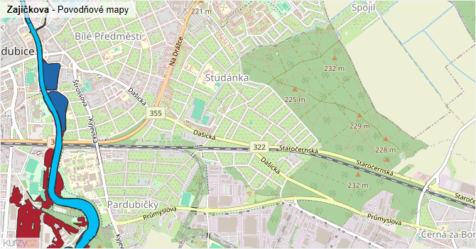 Zajíčkova - záplavové mapy stoleté vody