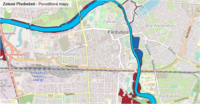 Zelené Předměstí - záplavové mapy stoleté vody