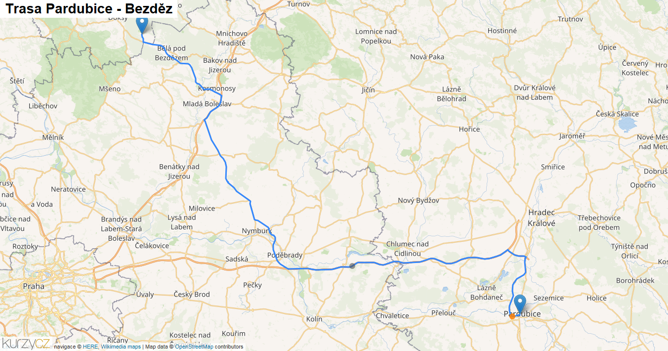 Pardubice-Bezděz, mapa trasy