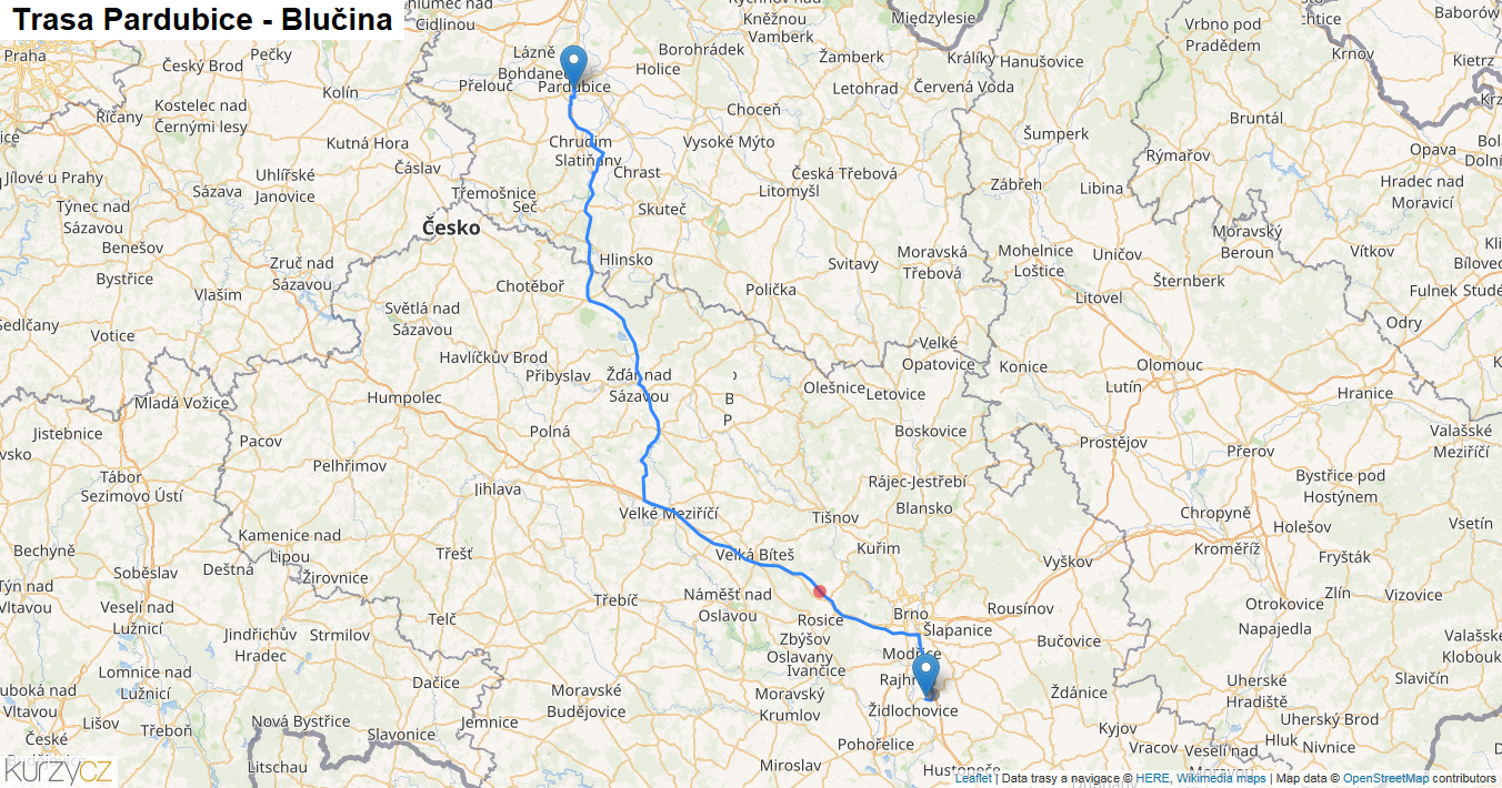Pardubice-Blučina, mapa trasy