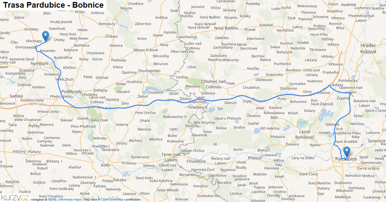 Pardubice-Bobnice, mapa trasy