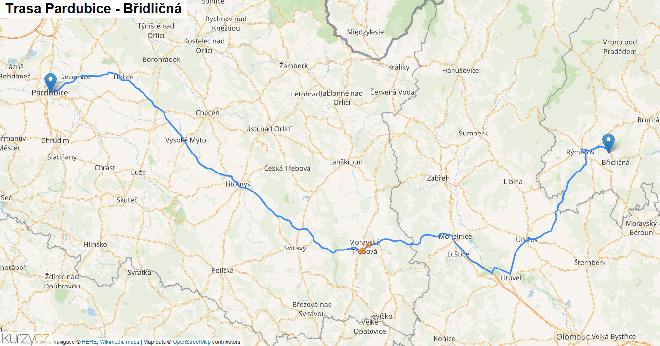 Pardubice-Břidličná, mapa trasy