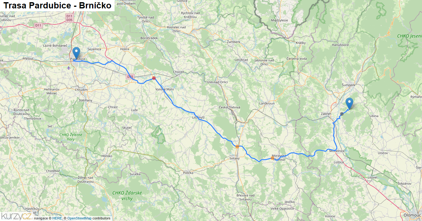 Pardubice-Brníčko, mapa trasy