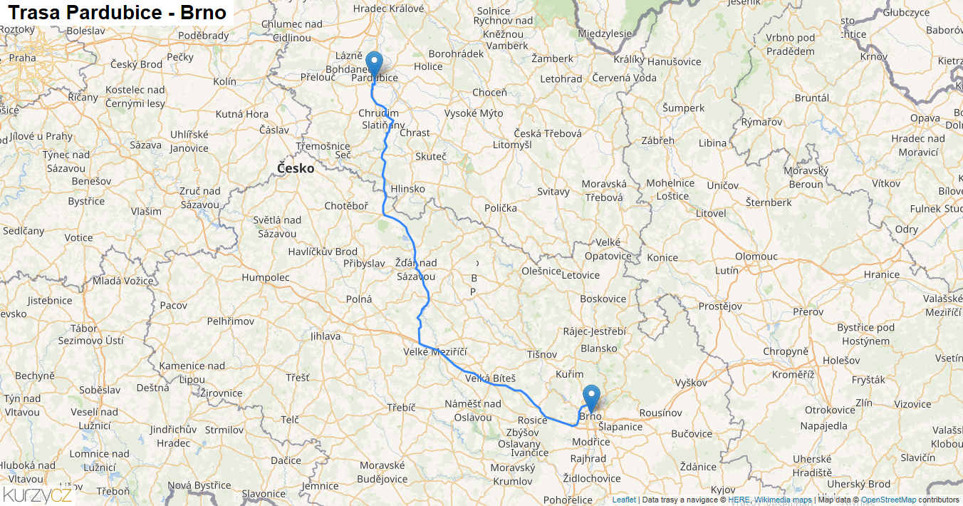 Pardubice-Brno, mapa trasy