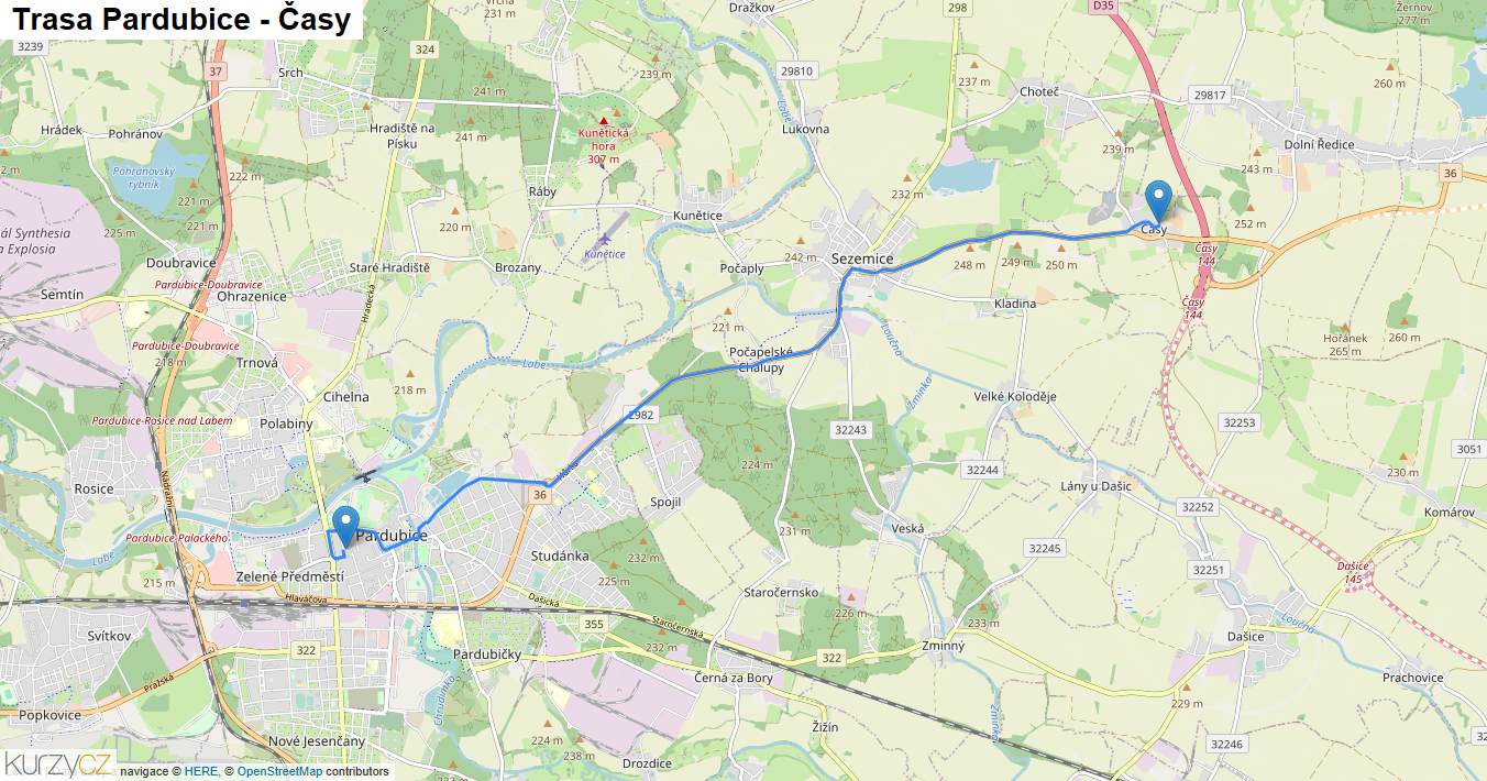 Pardubice-Časy, mapa trasy